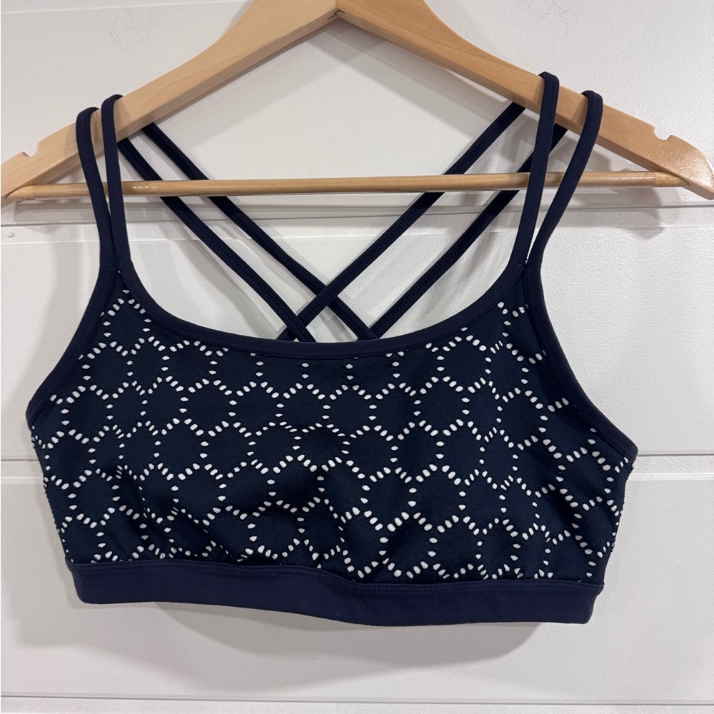 Athleta Blue and White Sports Bra with Strappy Back